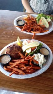 Crab cake sandwich and BBQ burger at Fishbones